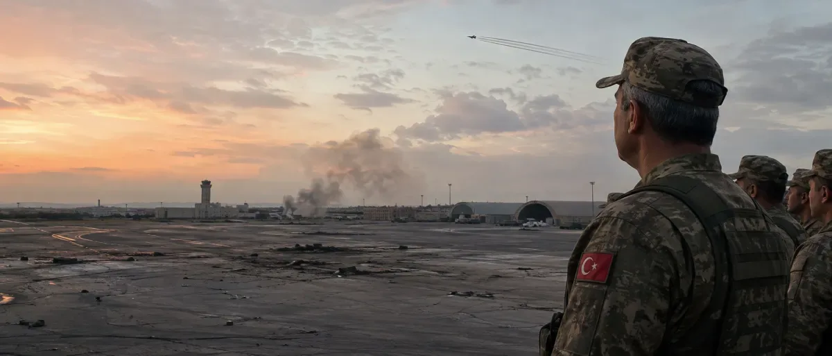 Photorealistic illustration of Turkish soldiers overlooking a damaged Syrian airbase after an Israeli strike