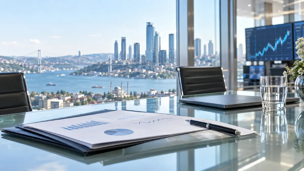 Bright Istanbul financial office overlooking the Bosphorus with equity market charts and trading screens