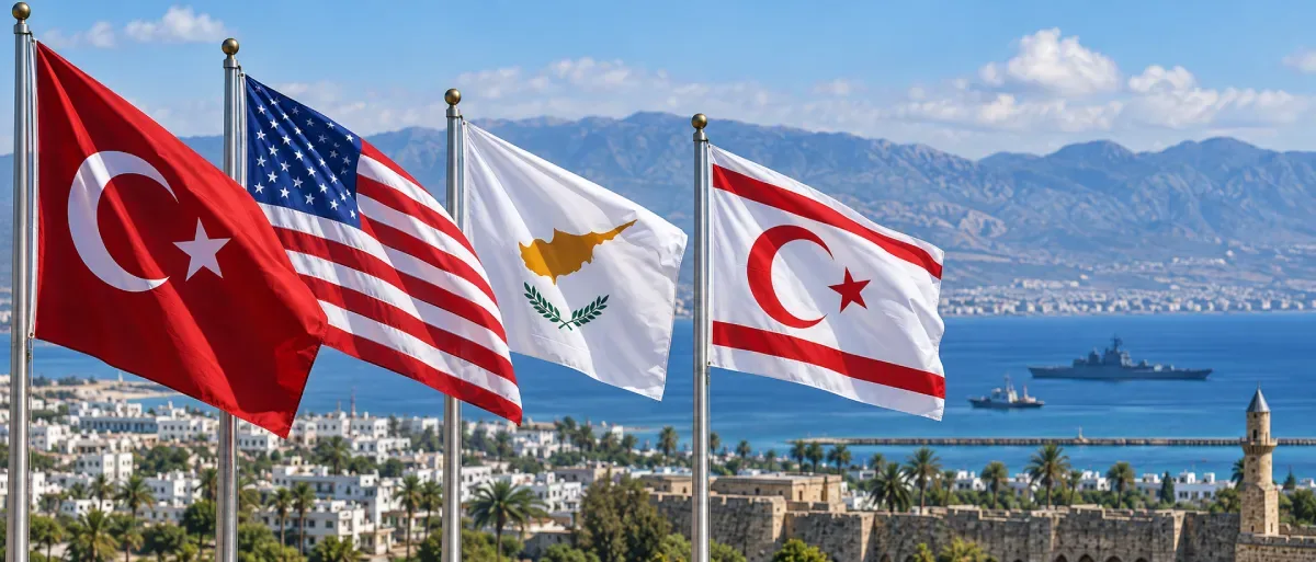 Turkish, US, Republic of Cyprus and Turkish Cypriot flags overlooking the Eastern Mediterranean with naval vessels offshore