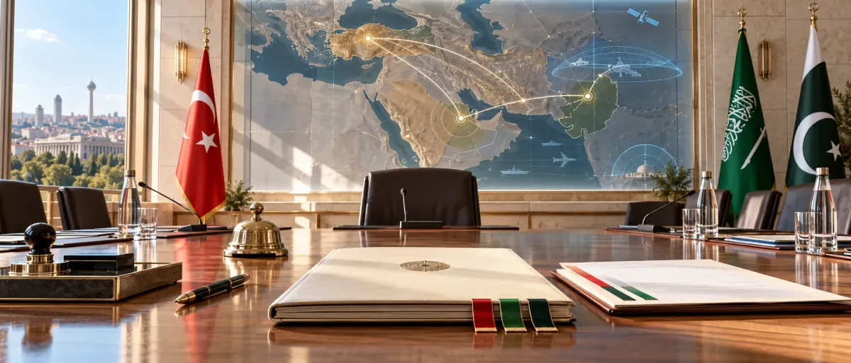 Illustration of a treaty dossier, regional defense map and flags of Turkey, Saudi Arabia and Pakistan