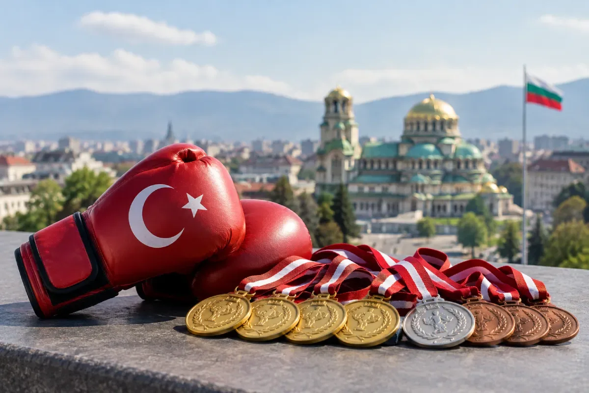 Turkish boxing gloves and medals in Sofia after the European Boxing Championships