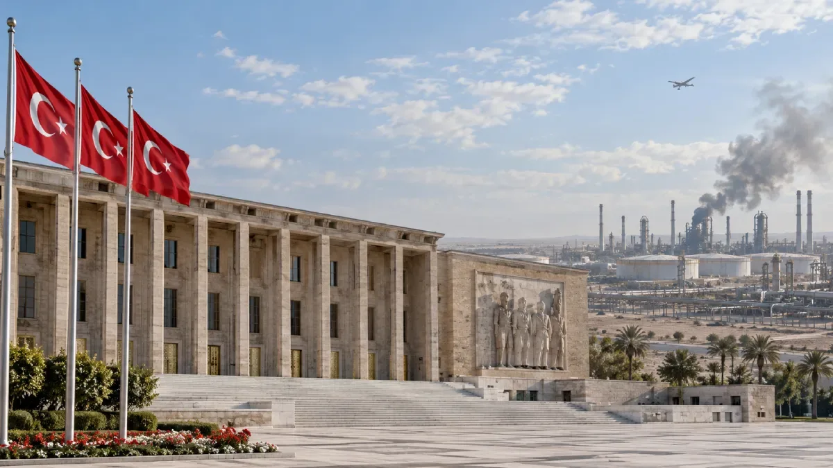 Turkish parliament building in Ankara with a Saudi energy facility and distant drone illustrating the Mecca defense pact debate