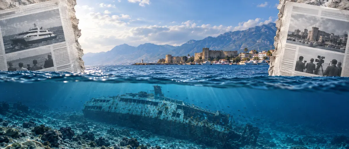 Bright editorial image showing a ferry wreck off Kyrenia between opposing newspaper pages