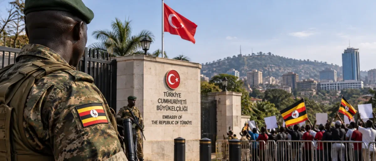 Ugandan soldiers guard the Turkish Embassy in Kampala as protesters gather outside following a dispute over Fred Lumbuye