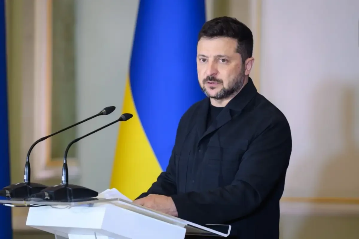 Ukrainian President Volodymyr Zelensky during an official diplomatic meeting